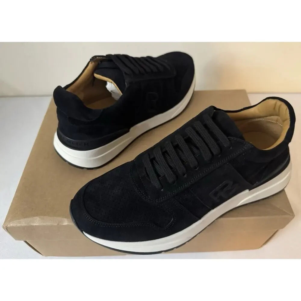 NIB Ralph Lauren Purple Label ‘Ethan’ Black Suede Logo Sneakers Size 8 $895.00